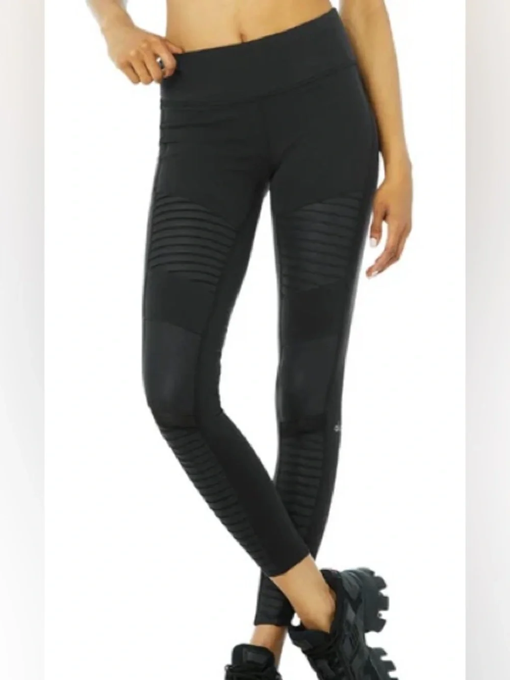 Alo Yoga Women's Small Black Moto Panel Leggings Mid Rise Athletic Casual Gym